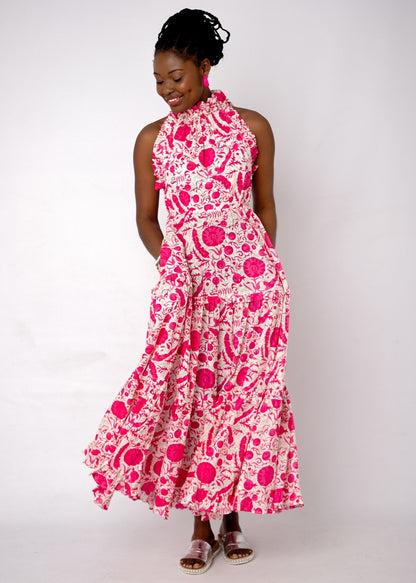 Zola Tiered Dress in Pink Bougainvillea
