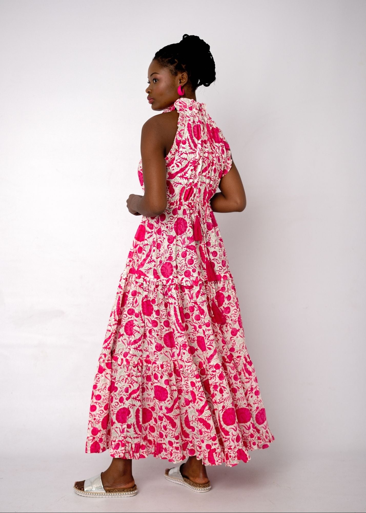 Zola Tiered Dress in Pink Bougainvillea