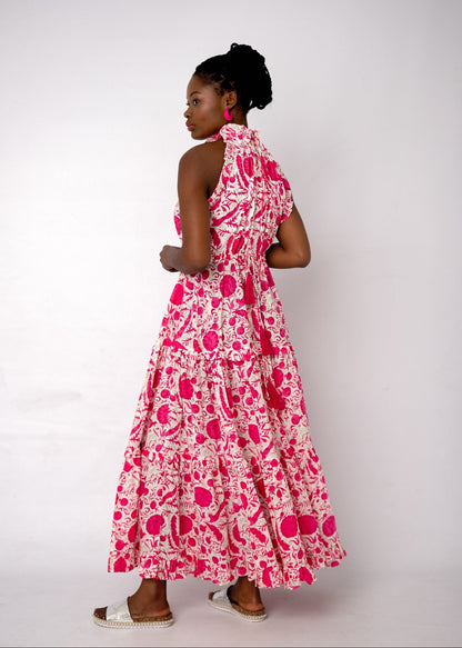 Zola Tiered Dress in Pink Bougainvillea