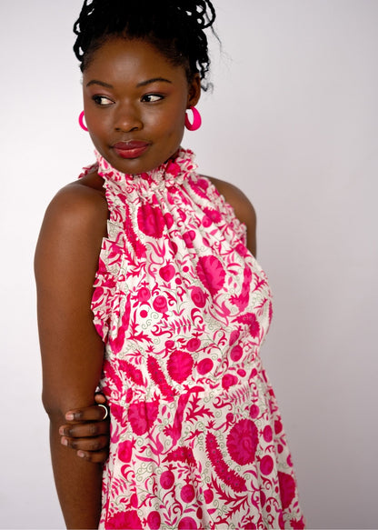 Zola Tiered Dress in Pink Bougainvillea