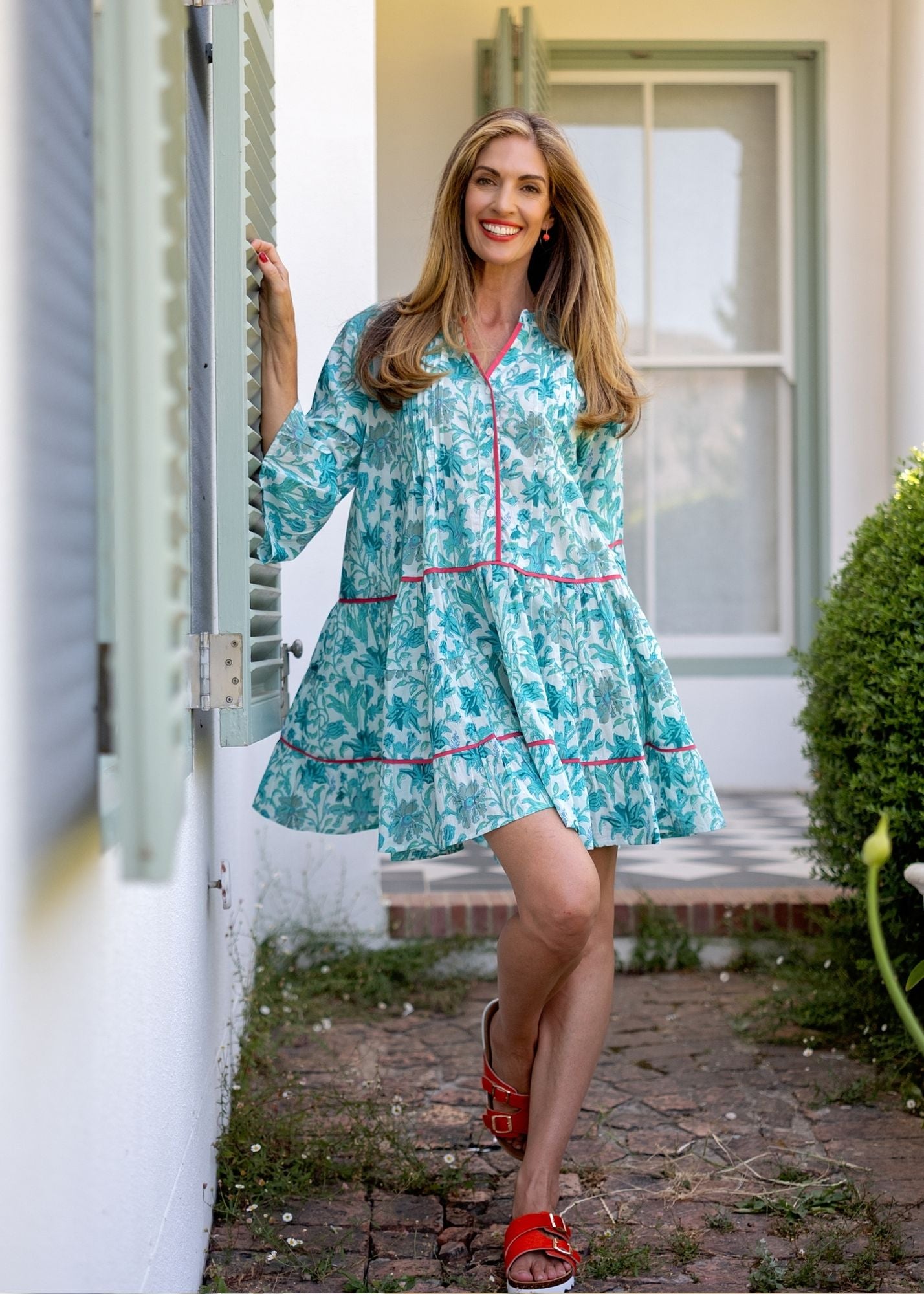 Valentina dress in Jade Leaves with Red Piping Detail