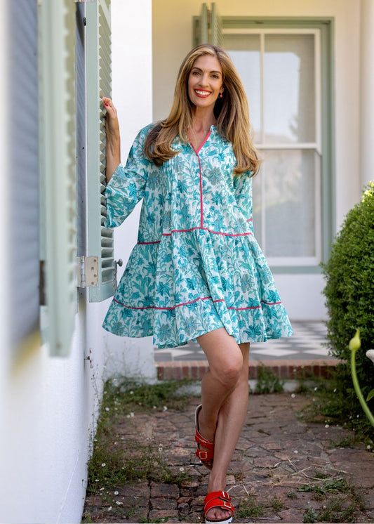 Valentina dress in Jade Leaves with Red Piping Detail