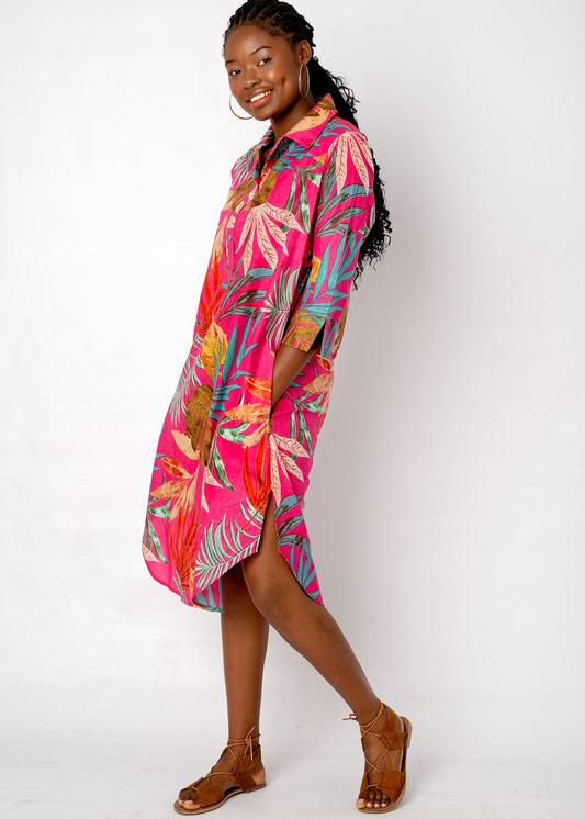 Gaby shirt dress in Pink Palm Leaves