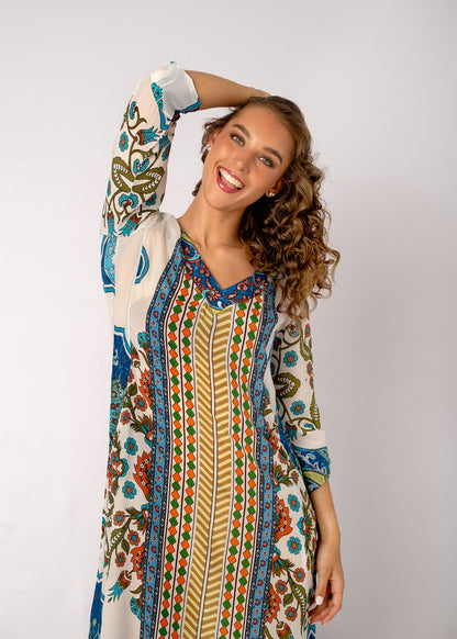 Gloria Dress with Tucked Sleeve Detail in Meadow Mosaic