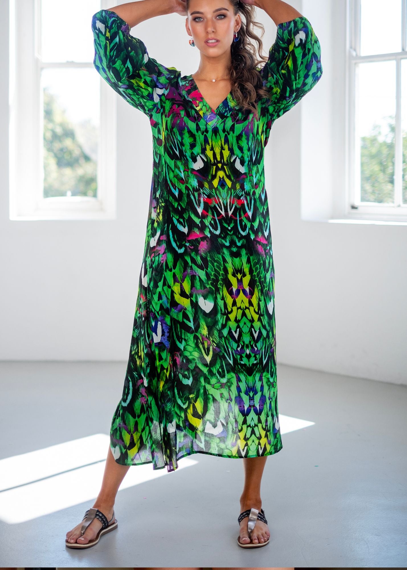 Gloria Dress with Puff Sleeve Detail in Green Jungle