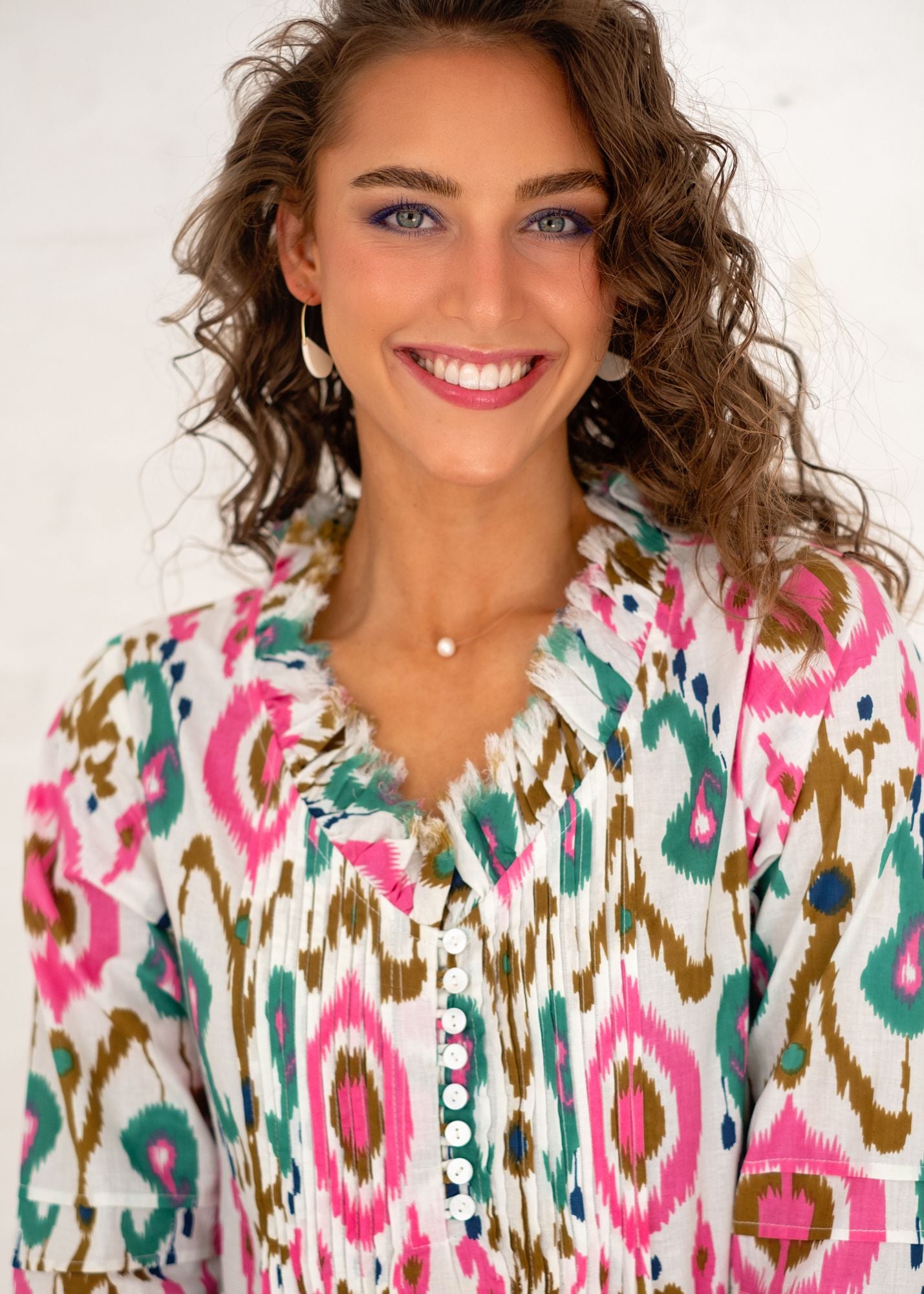 Sarah Dress with Frill in White and Pink Ikat Calf Length