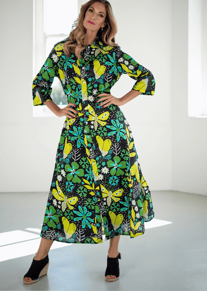 Betty Button dress, Black with Bold Lime