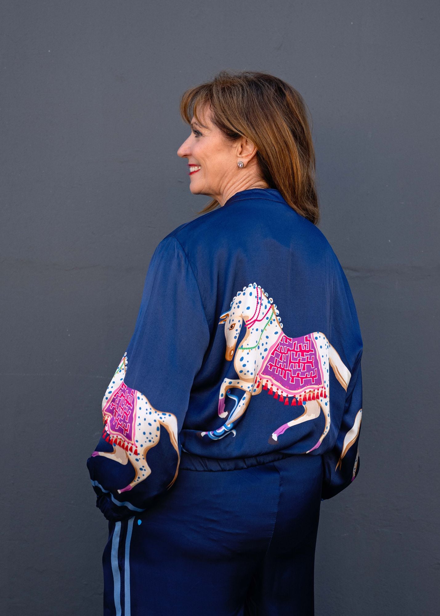 Lila  Bomber Jacket in Viscose Silk Blend in Blue Gallop Glam
