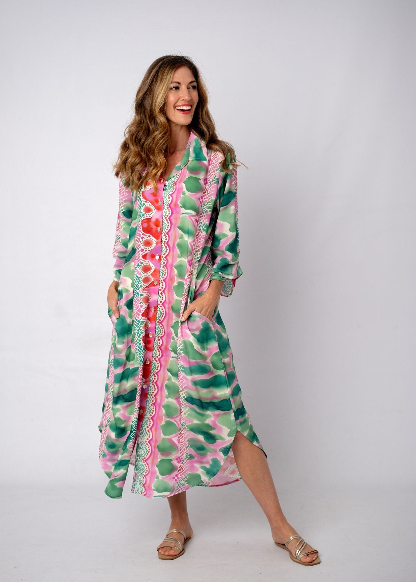 Laura Cuffed Sleeve Dress in Watermelon Smudge