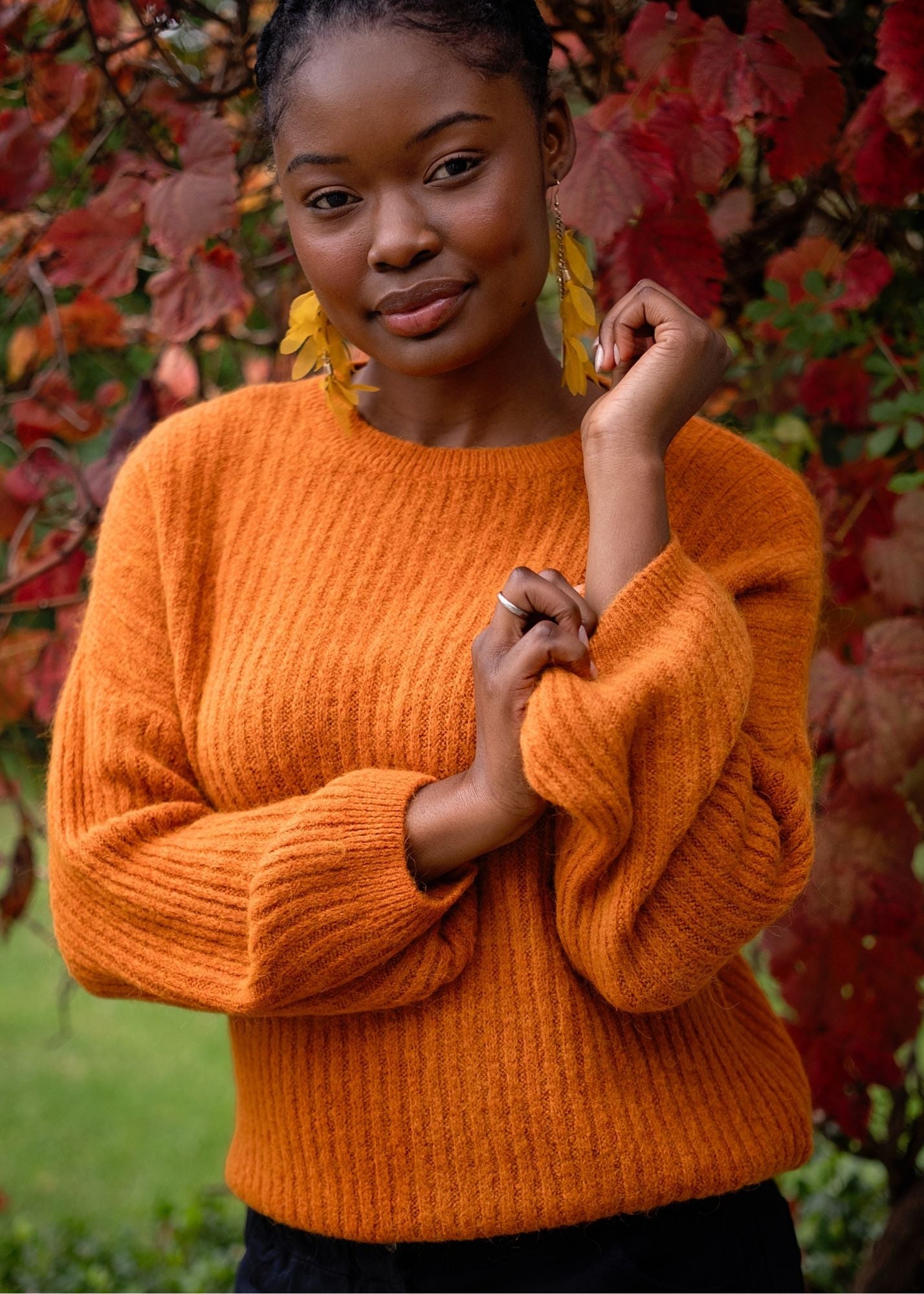 Ribbed Knit Jumper with Bubble Sleeves in Rust