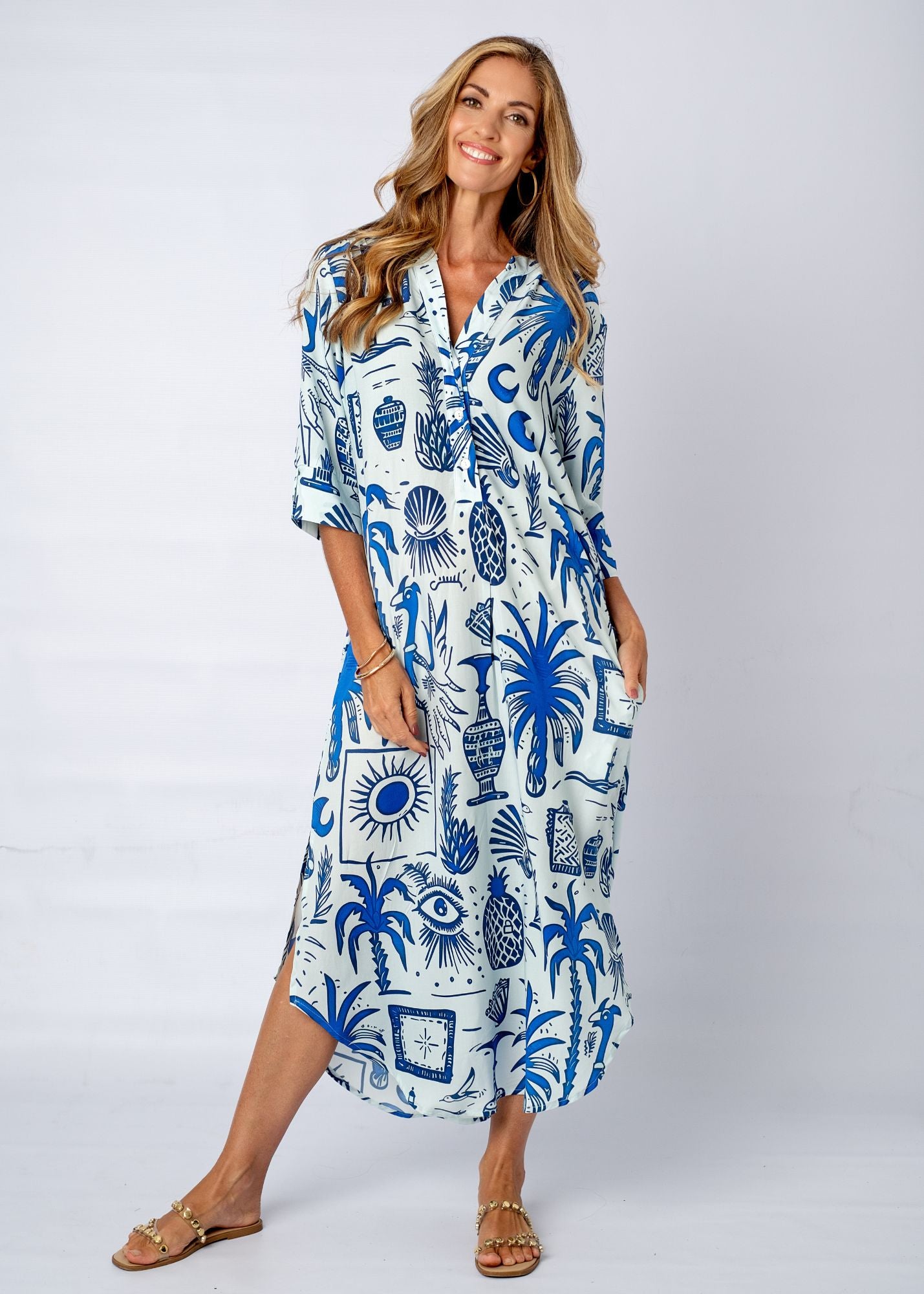 Fergie Cuffed Sleeve  Dress, Greek Islands