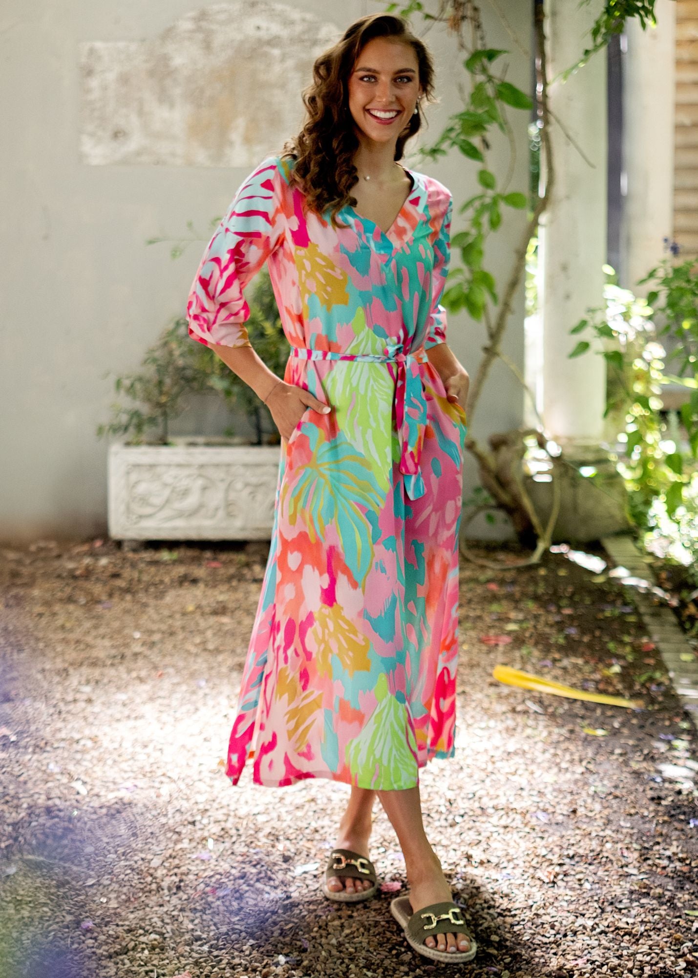 Gloria Dress with Tucked Sleeve Detail in Pink and Turquoise