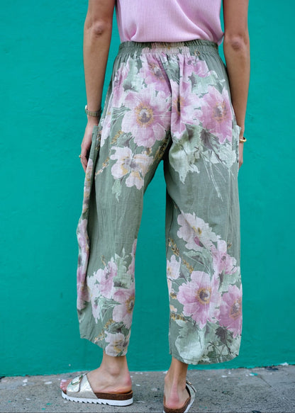 Lino 100% Linen Pants in Olive Heirloom Bloom