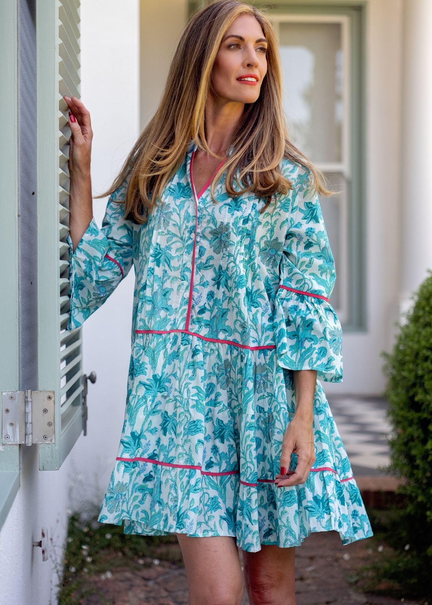 Valentina dress in Jade Leaves with Red Piping Detail