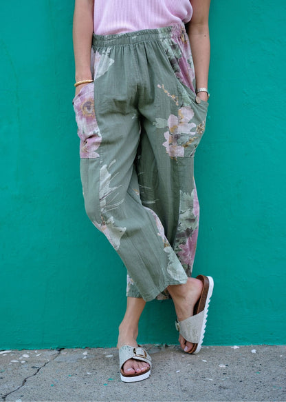Lino 100% Linen Pants in Olive Heirloom Bloom
