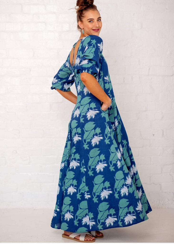 Tamsyn Dress Blue White and Turquoise Print Available 6 December 2 Iconic Designs Shop