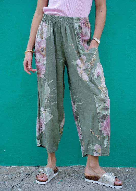 Lino 100% Linen Pants in Olive Heirloom Bloom