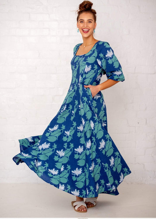 Tamsyn Dress,  Blue, White and Turquoise Print - Available 6 December 2024