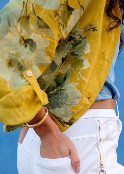 Lino 100% Linen Cropped Jacket in Periwinkle Heirloom Bloom