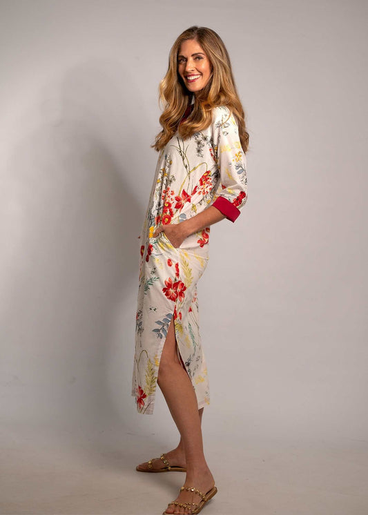 Betty Button dress in White and Red Flowers (Slim Fit)