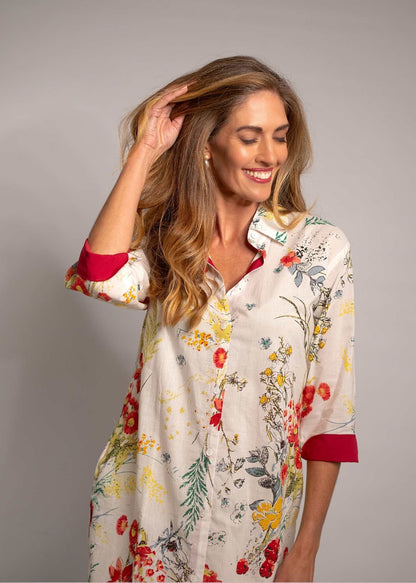 Betty Button dress in White and Red Flowers (Slim Fit)