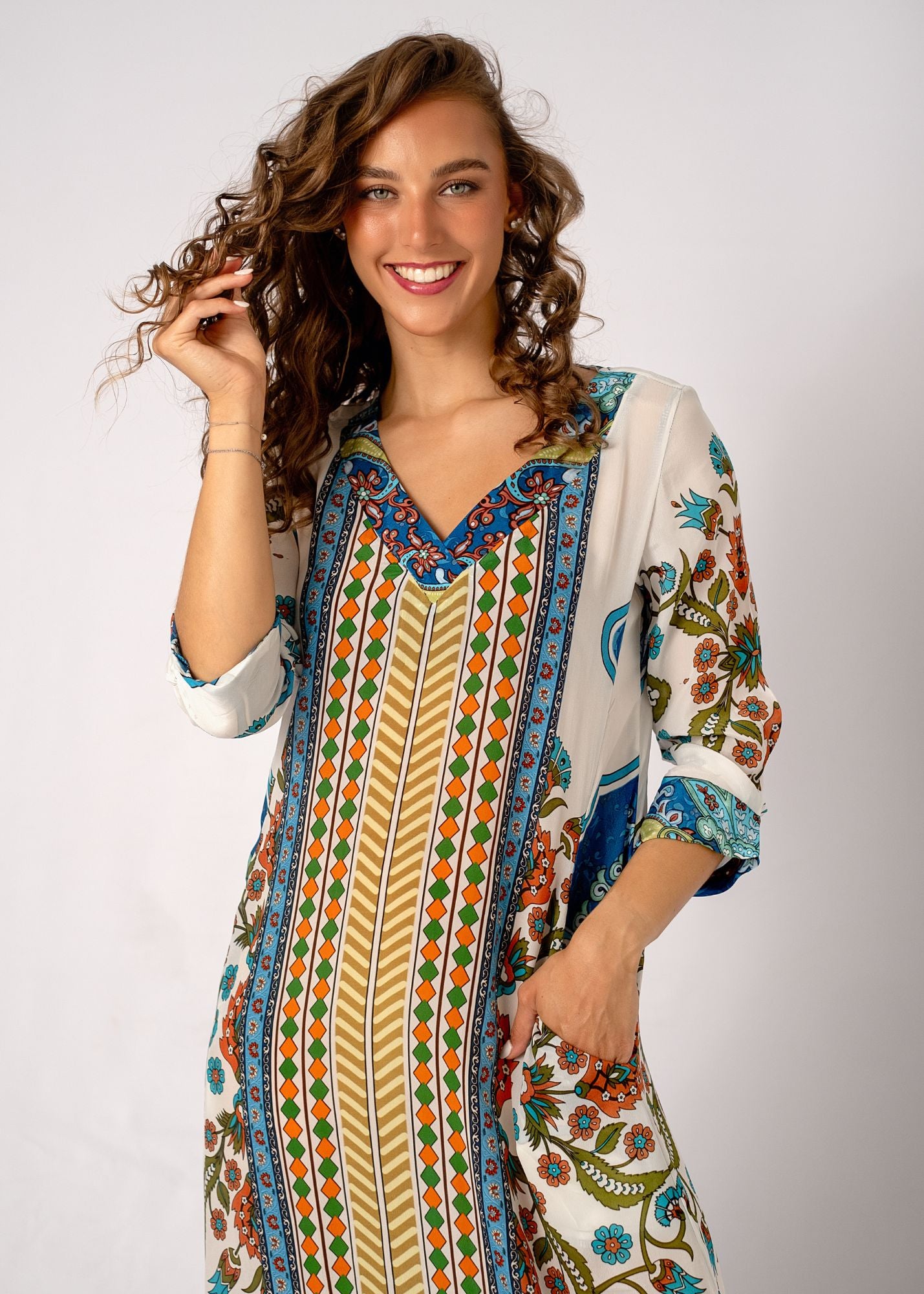 Gloria Dress with Tucked Sleeve Detail in Meadow Mosaic