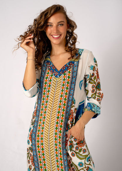 Gloria Dress with Tucked Sleeve Detail in Meadow Mosaic