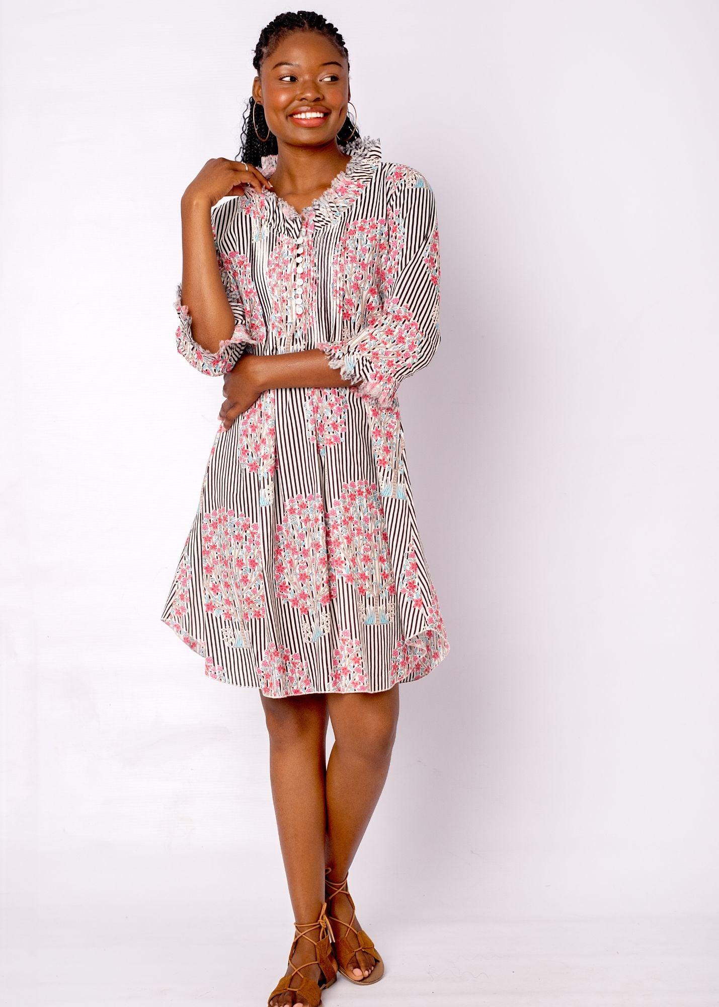 Sarah Dress with Frill in Black and White Candy Stripes with Pink Bouquet