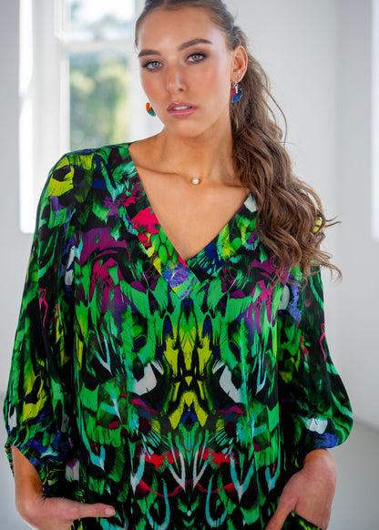 Gloria Dress with Puff Sleeve Detail in Green Jungle