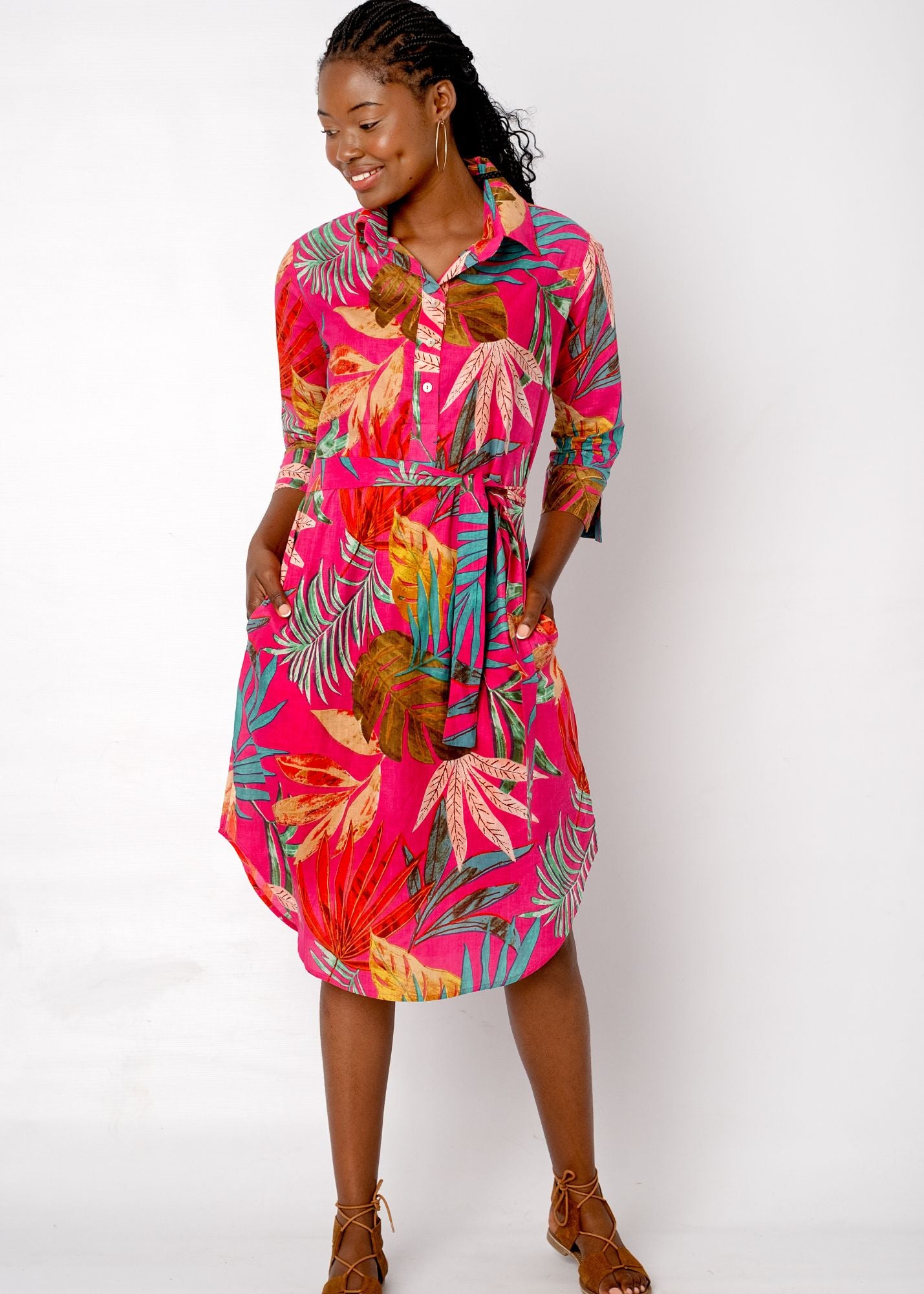 Gaby shirt dress in Pink Palm Leaves