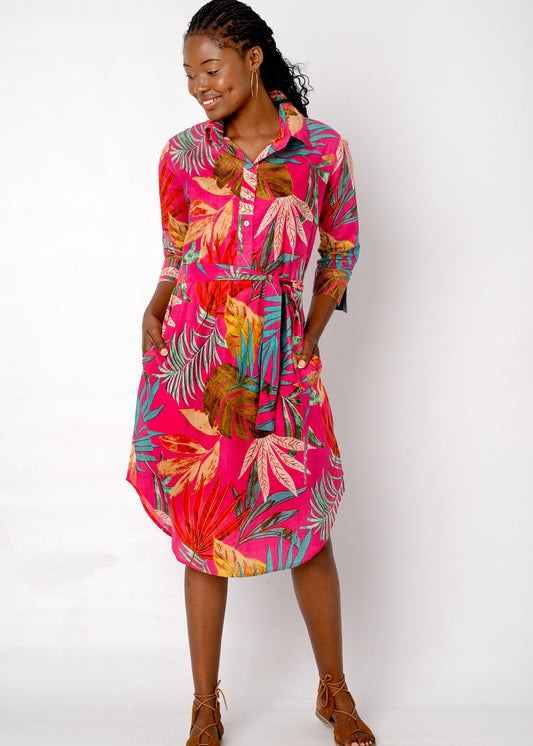 Gaby shirt dress in Pink Palm Leaves