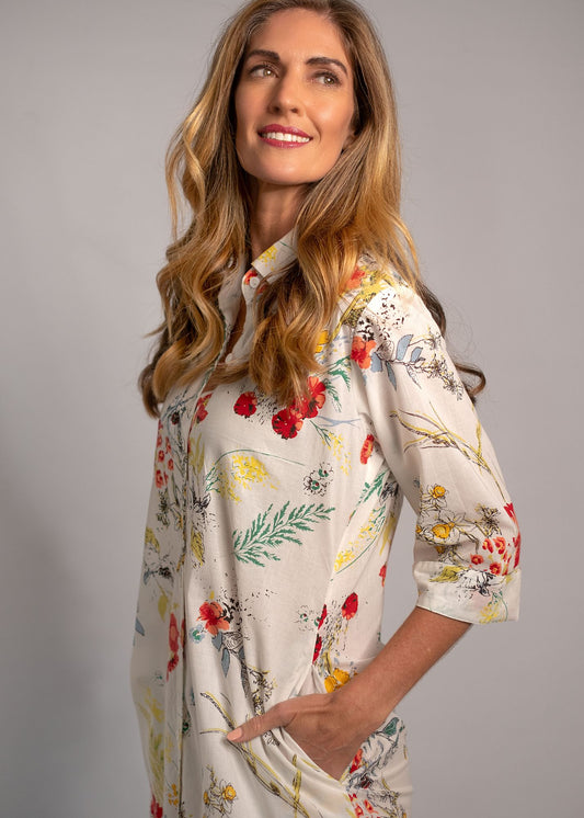 Emma dress in White with Red Floral NO CONTRAST - slim fit