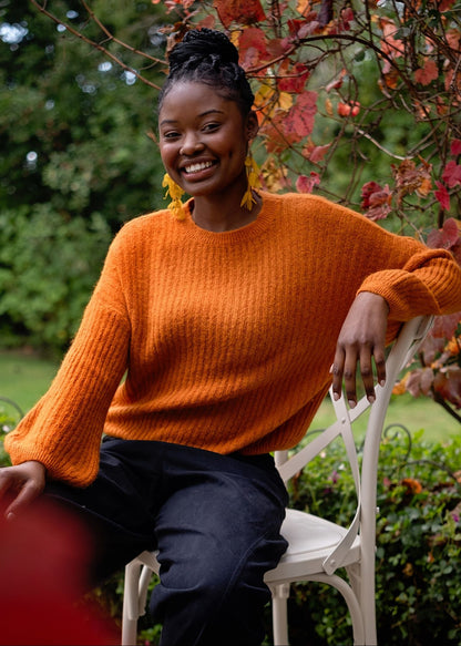 Ribbed Knit Jumper with Bubble Sleeves in Rust