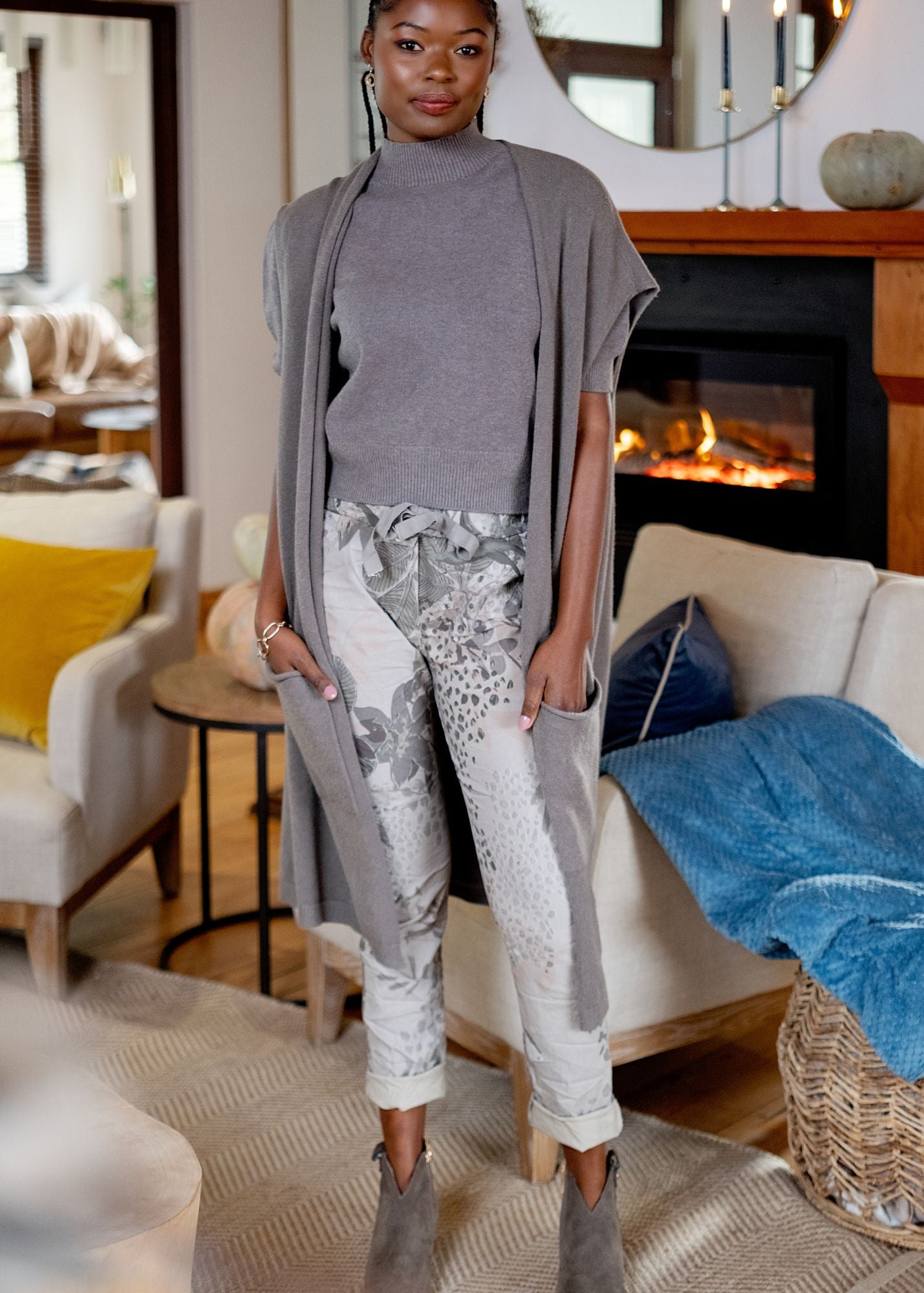 Serengeti Glam Graphic Slouch Pants in Charcoal Safari