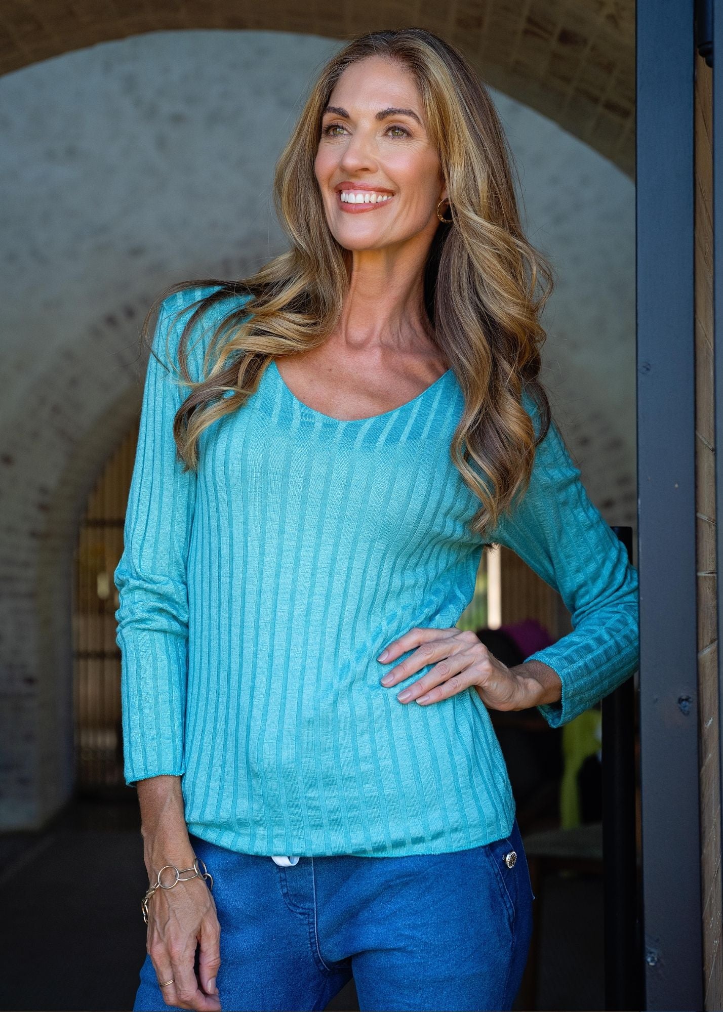 Mila Ribbed Knit Top in Turquoise