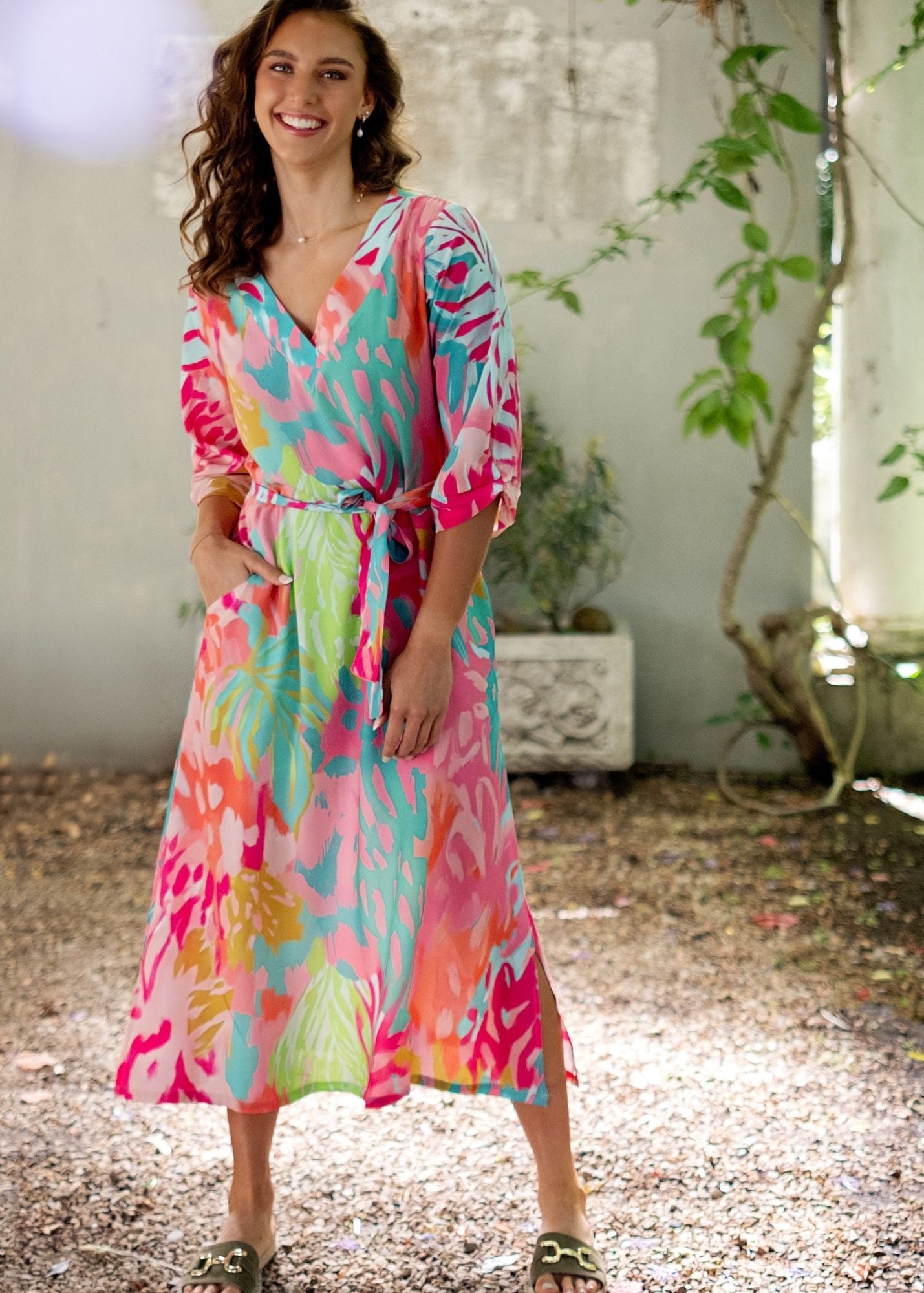 Gloria Dress with Tucked Sleeve Detail in Pink and Turquoise