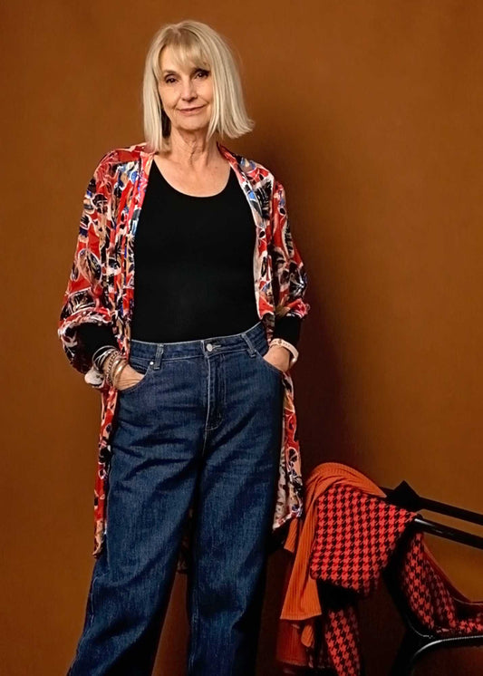 Velvet Bloom Kimono in Red and Cobalt Leaves