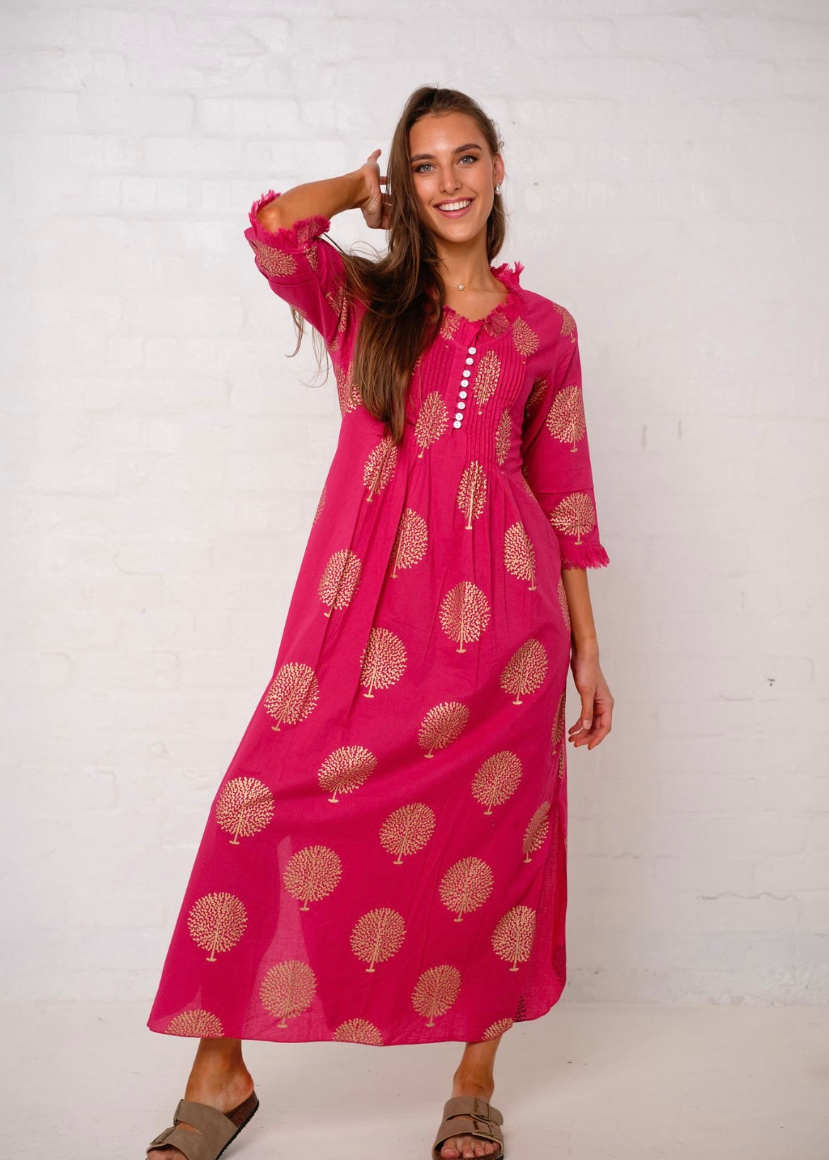 Sarah dress in Fuchsia Pink with Gold Tree (Long Length)