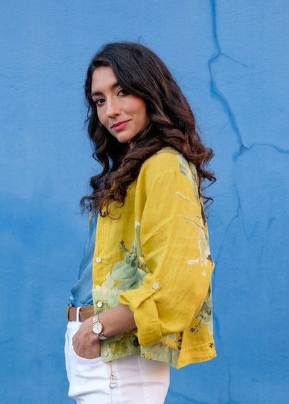 Lino 100% Linen Cropped Jacket in Periwinkle Heirloom Bloom