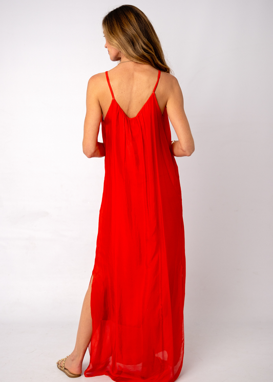 Sophia 100% Silk Flow Strappy Dress in Red