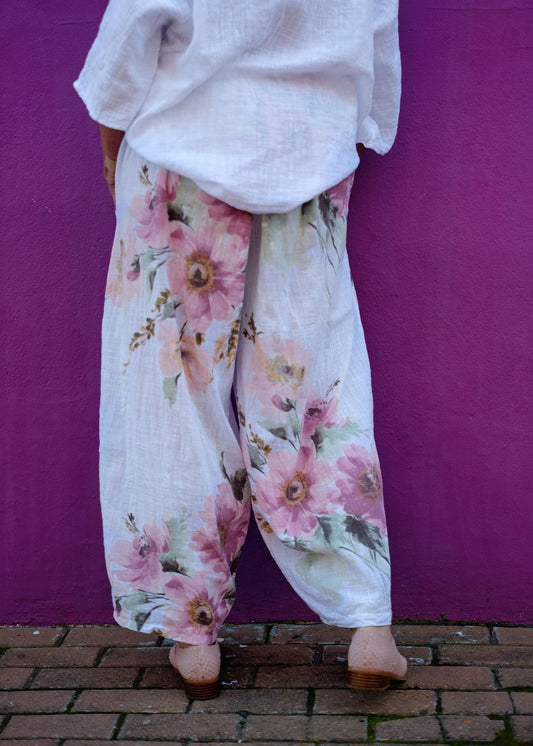 Lino 100% Linen Pants in White Heirloom Bloom