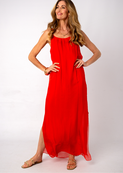 Sophia 100% Silk Flow Strappy Dress in Red