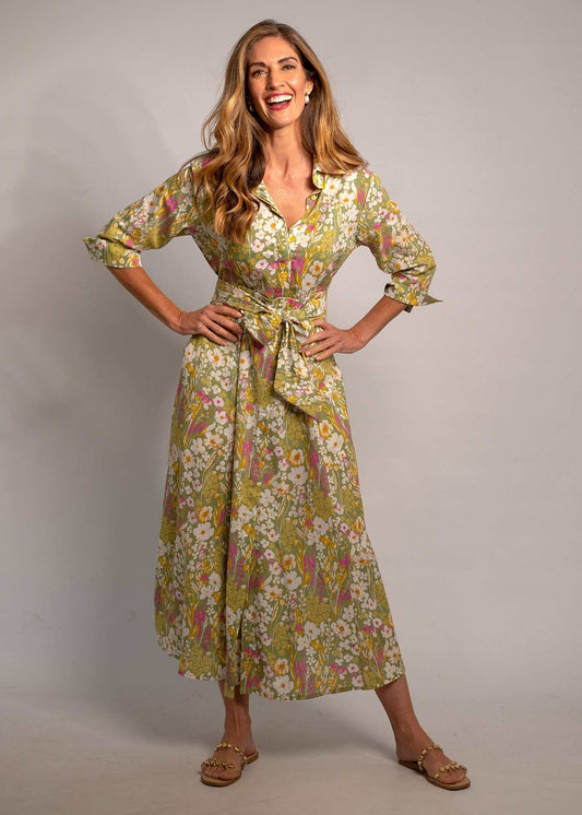 Marigold Dress in Green and Pink Garden