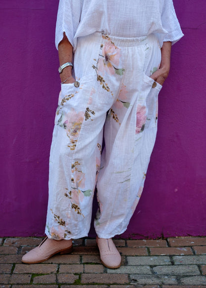 Lino 100% Linen Pants in White Heirloom Bloom
