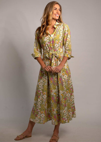 Marigold Dress in Green and Pink Garden