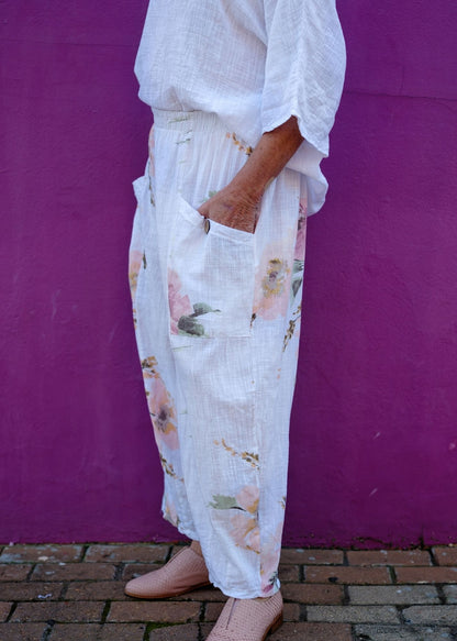 Lino 100% Linen Pants in White Heirloom Bloom