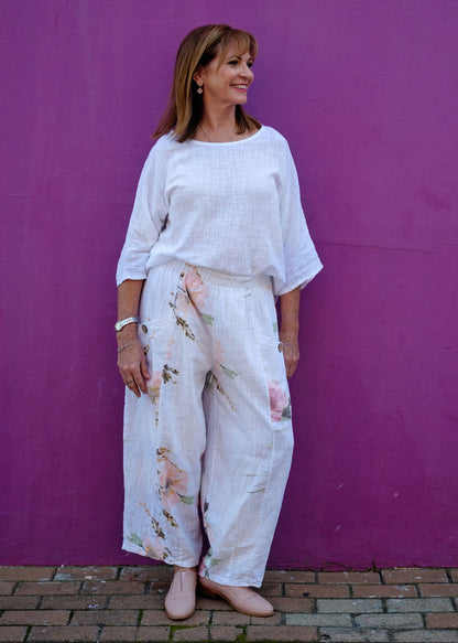 Lino 100% Linen Pants in White Heirloom Bloom
