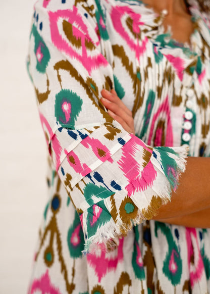 Sarah Dress with Frill in White and Pink Ikat Calf Length