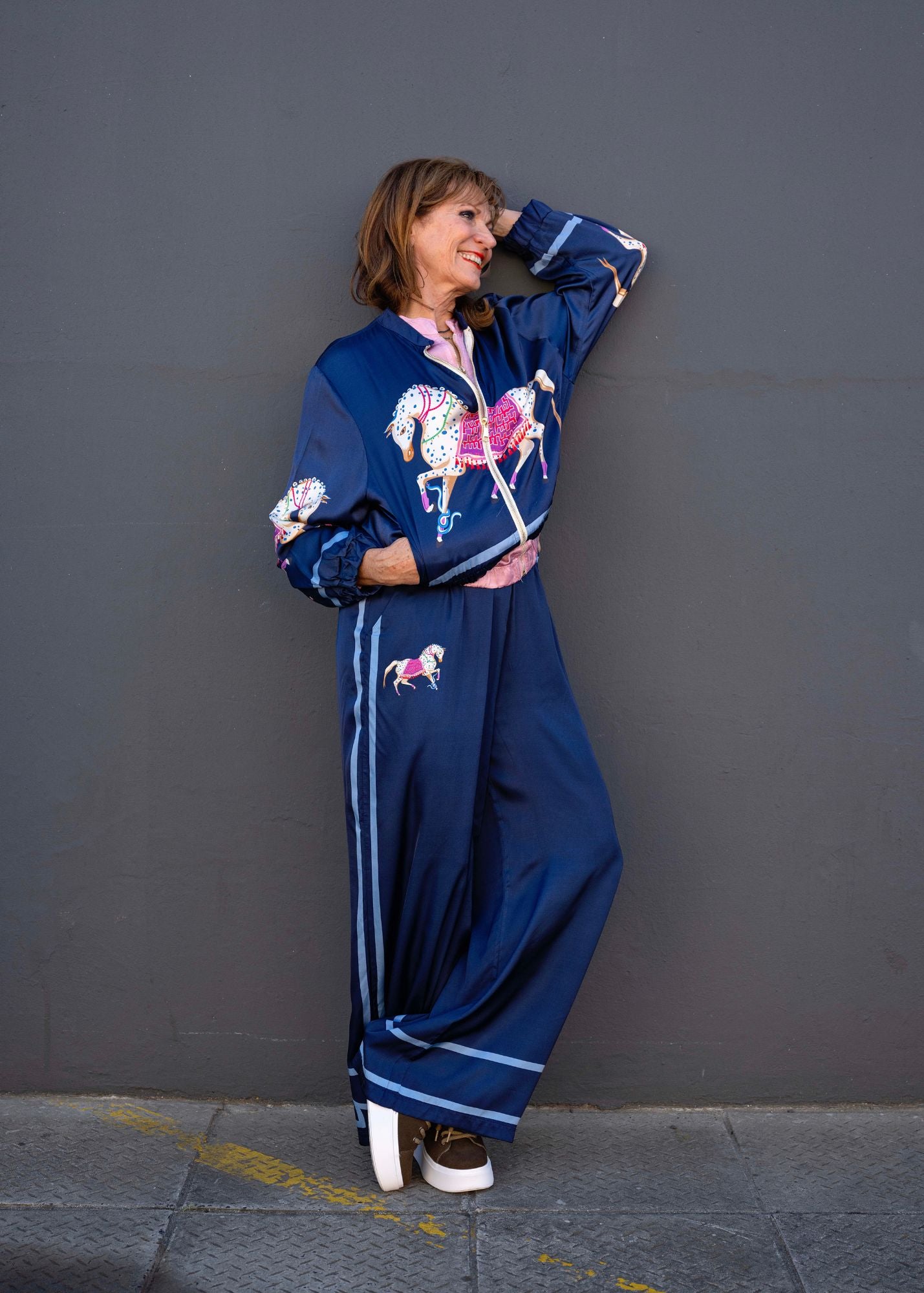 Lila  Bomber Jacket in Viscose Silk Blend in Blue Gallop Glam
