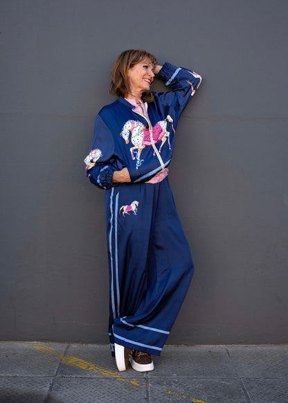 Lila  Bomber Jacket in Viscose Silk Blend in Blue Gallop Glam